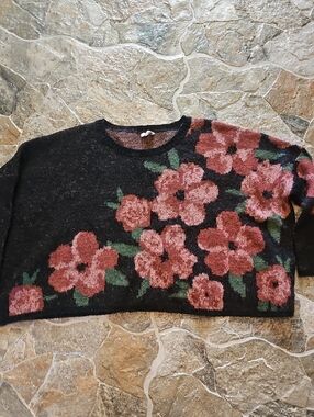 Black Crewneck Sweater with Rose Floral Pattern